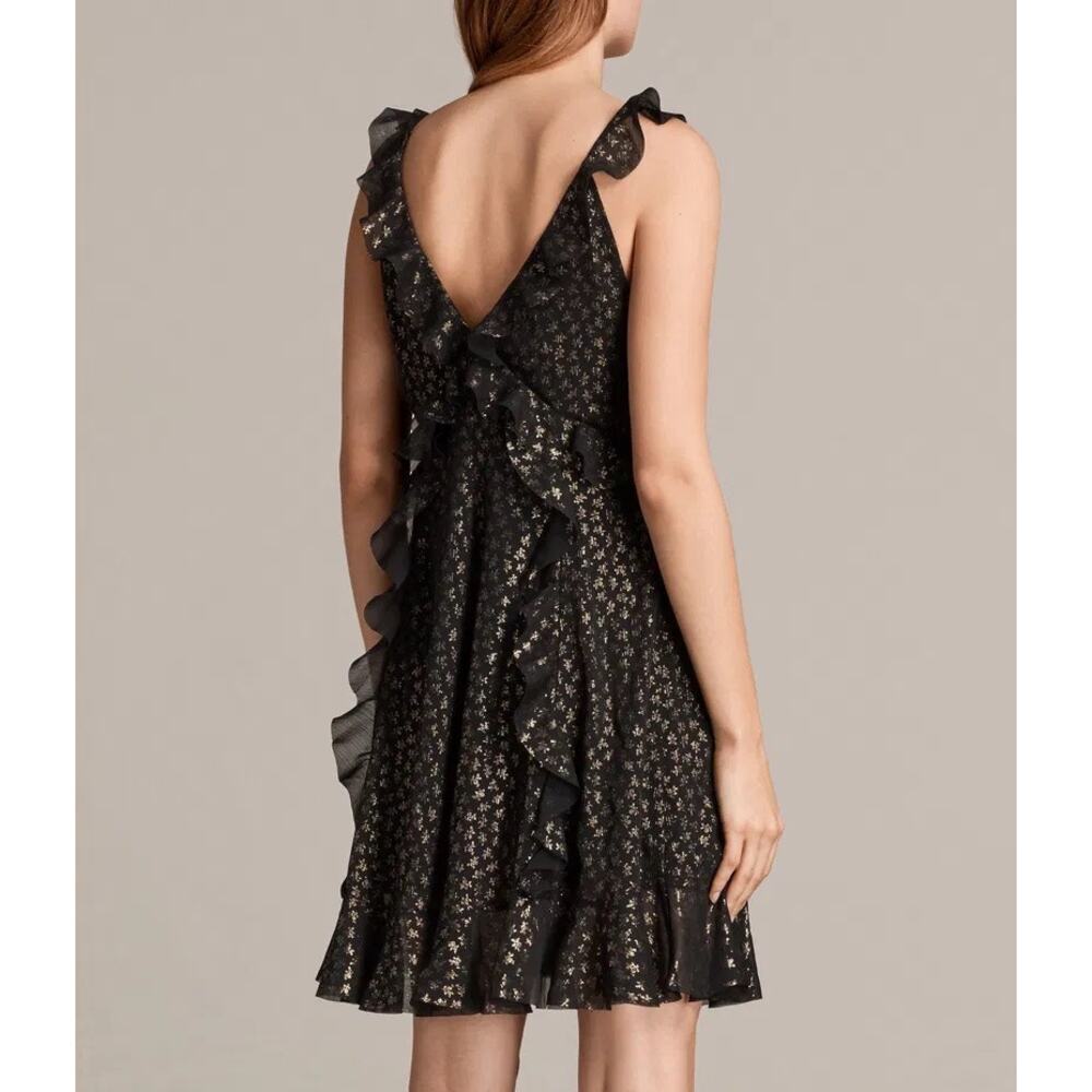 All Saints Derrell Black & Gold Ruffle Dress - Picture 4 of 15
